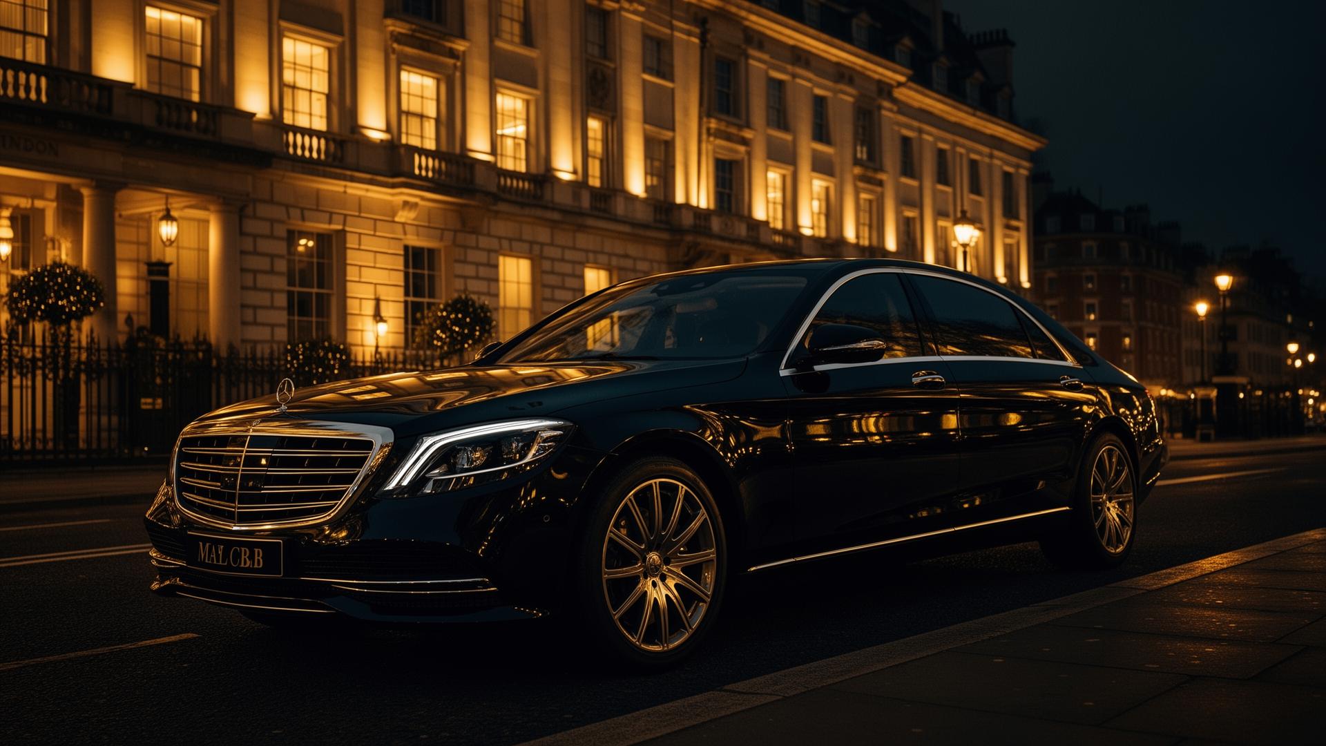 Luxury Mercedes S-Class chauffeur waiting at London Heathrow Airport.